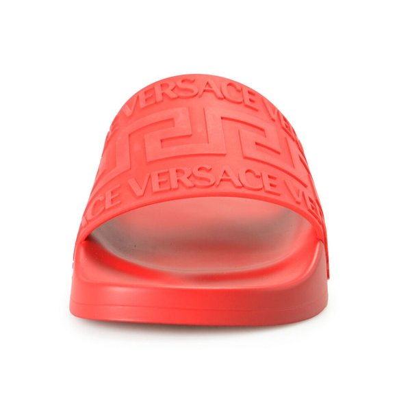 Versace Men's Deep Red "Greca" Print Embossed Pool Slide Flip Flops Shoes - Picture 6 of 8